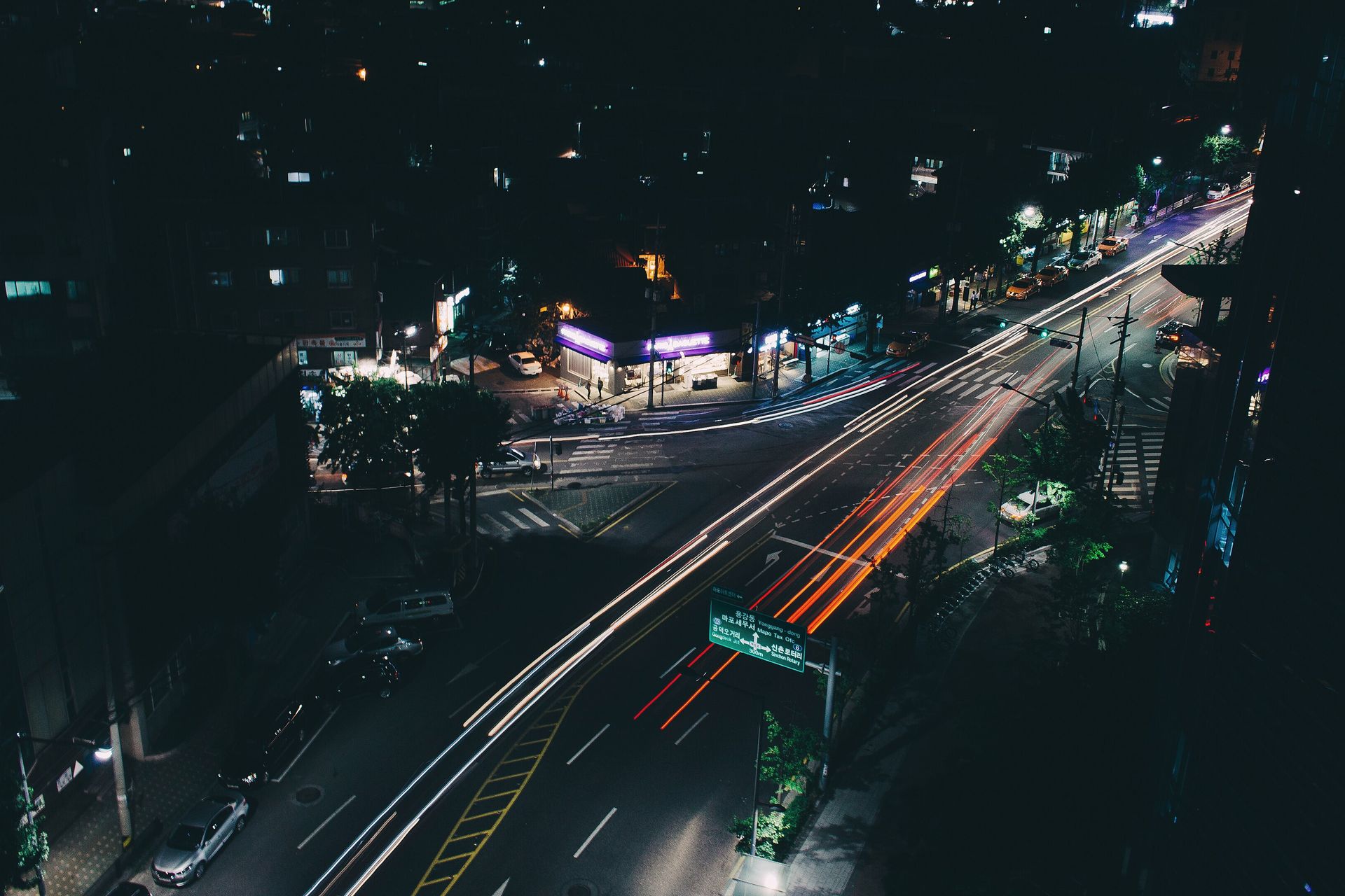 A Seoul neighbourhood and roads at night from above