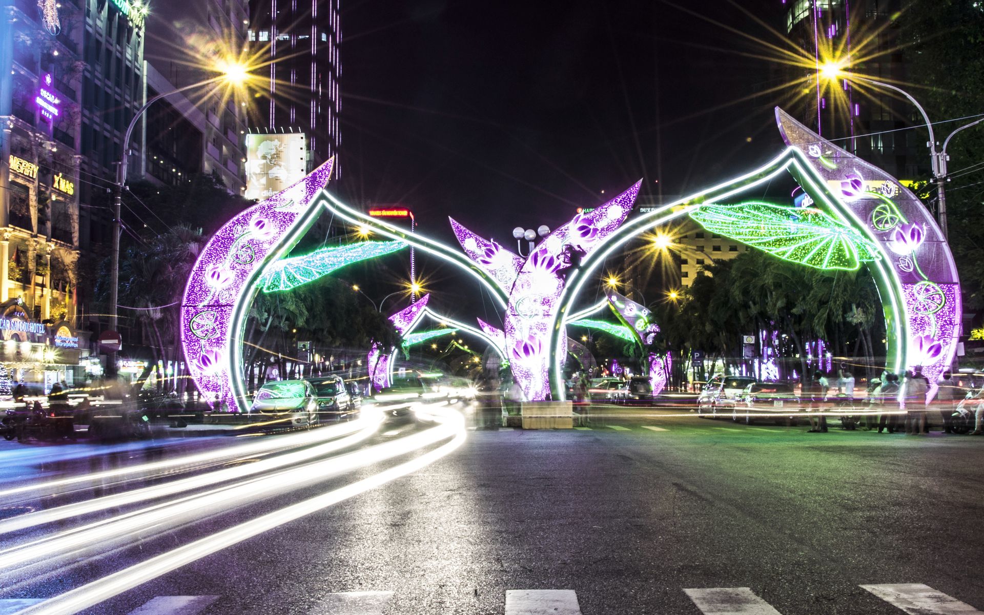Street lights and traffic trails in Ho Chi Minh City at night