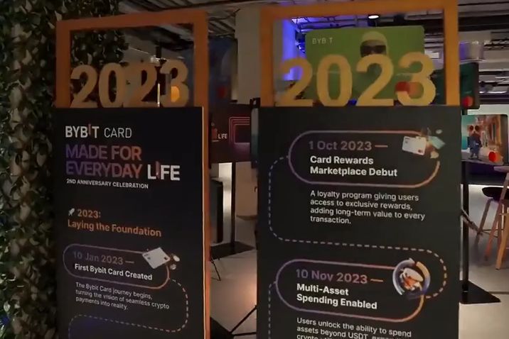 Bybit Card 전시의 날짜별 이정표 패널