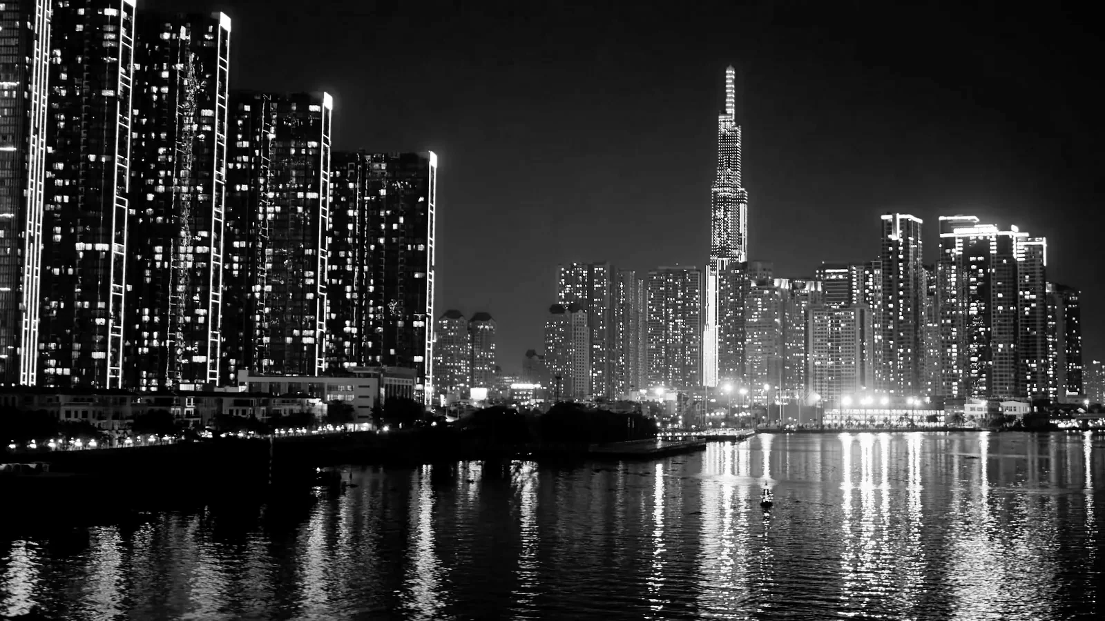 The Saigon River waterfront at night
