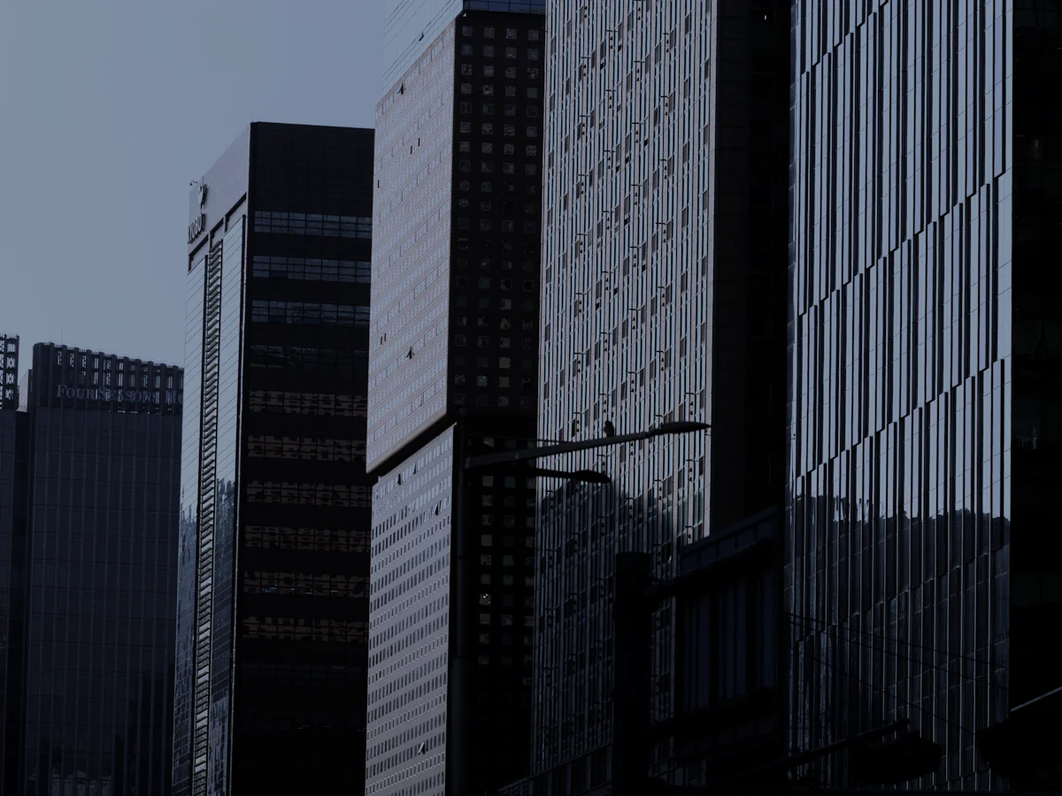 Office towers in a Seoul business district seen from street level