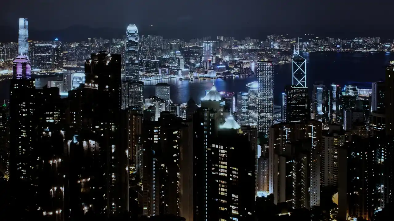 Hong Kong Island and the harbour seen from the Peak at night