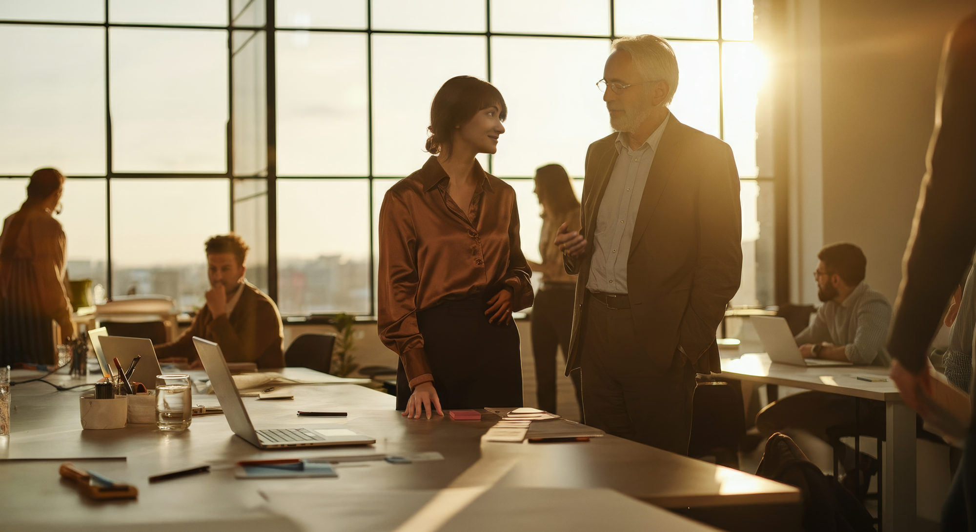 Professional office environment with team collaboration and warm lighting