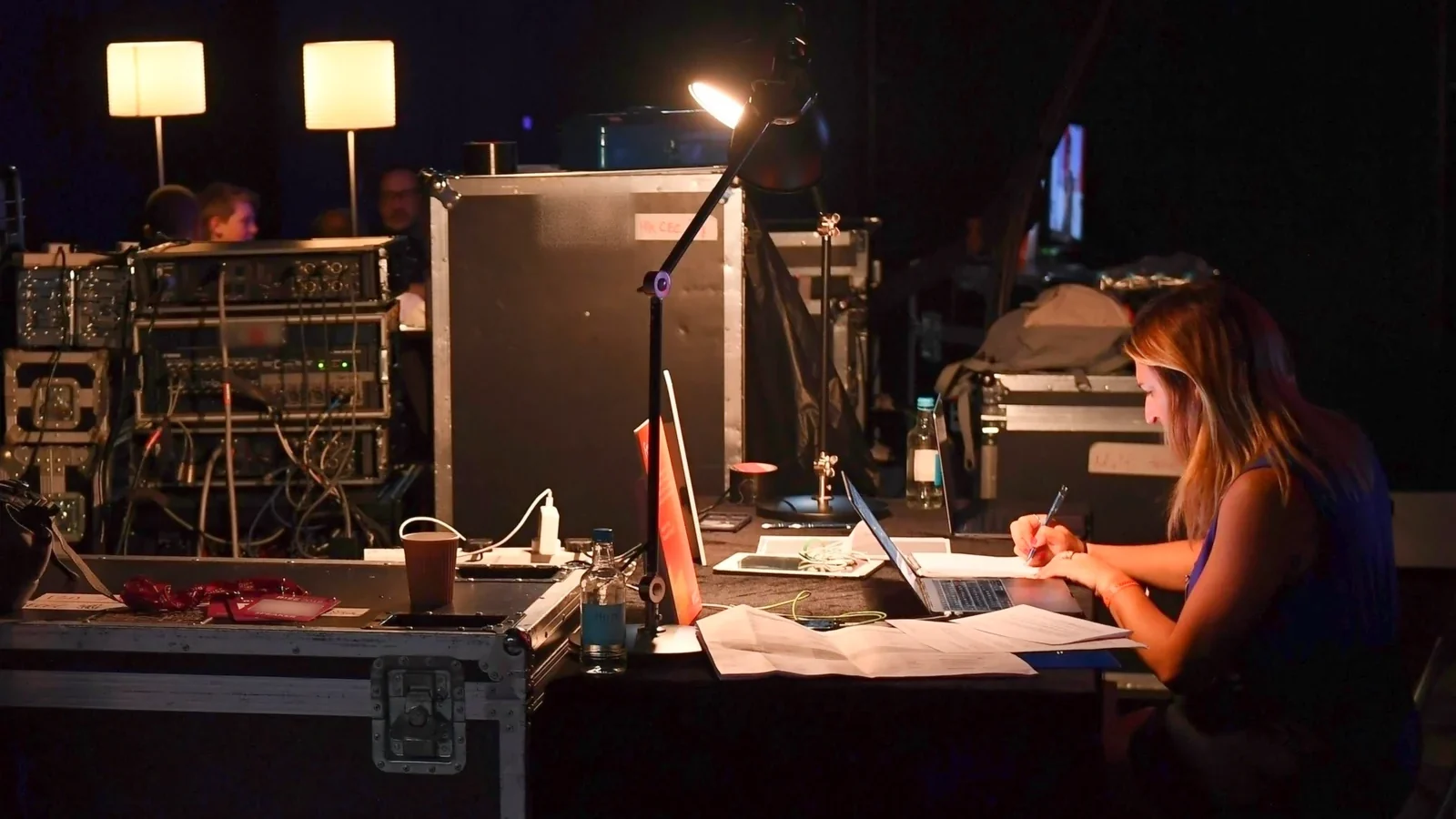 Production desk and audio-visual racks backstage at Centre Stage, RISE 2018, Hong Kong · editorial context