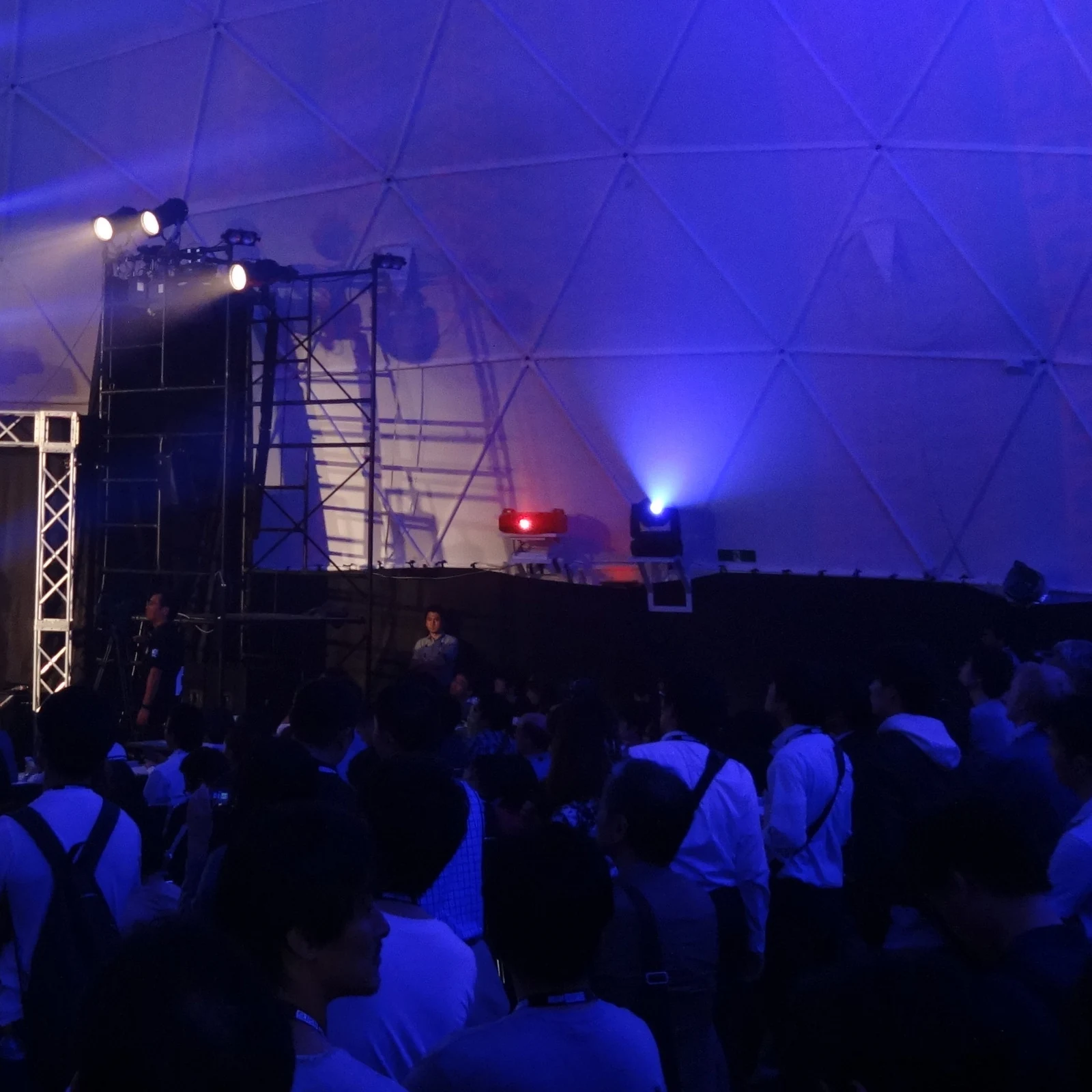 Audience under the lit dome at the Slush Asia 2015 main stage, Tokyo · editorial context