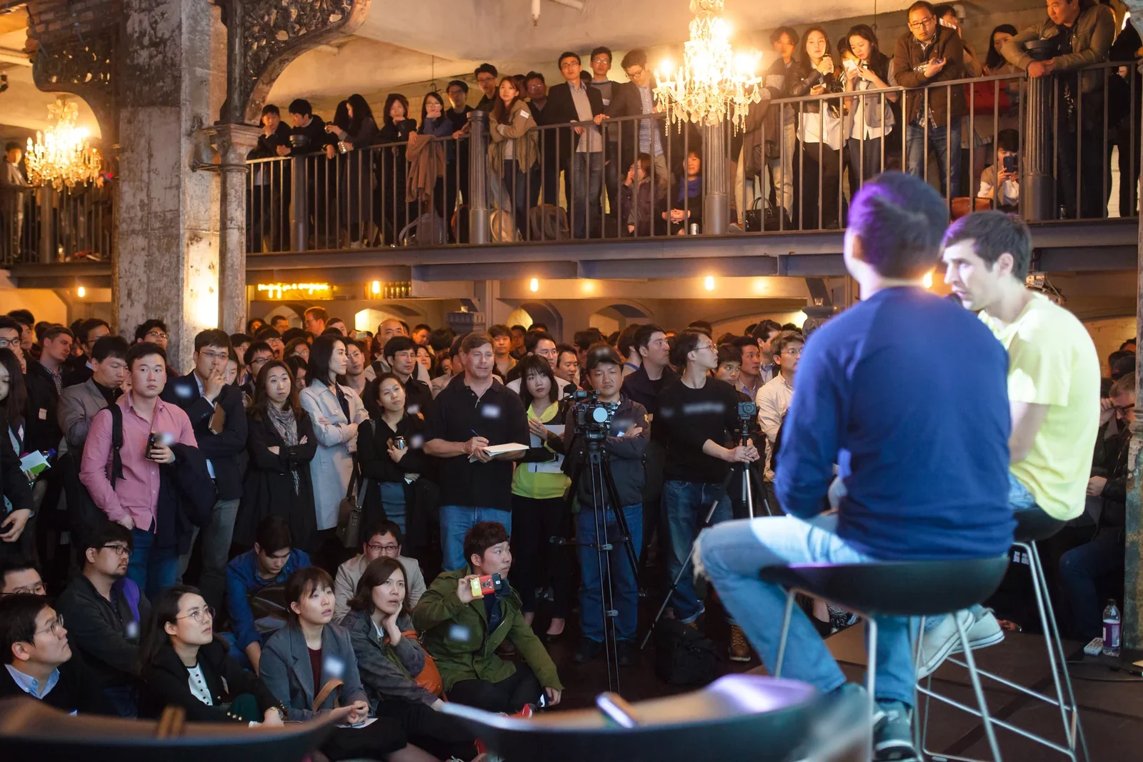 Audience facing an on-stage conversation at TechCrunch Meetup + Pitch-off Seoul, April 2015 · editorial context