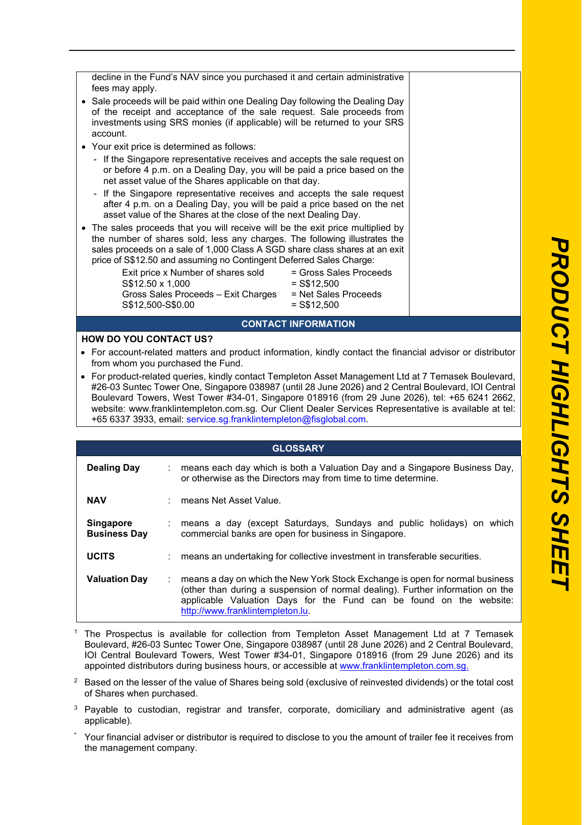 Conventional fund Product Highlights Sheet, page 4 in full, including sale-proceeds acceptance conditions and dealing-day definitions.