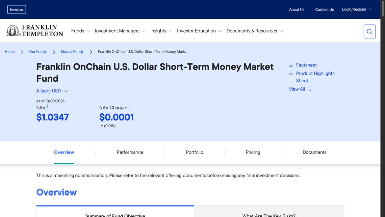 Official Franklin Singapore product page showing the OnChain USD money fund and its A (acc) USD share class