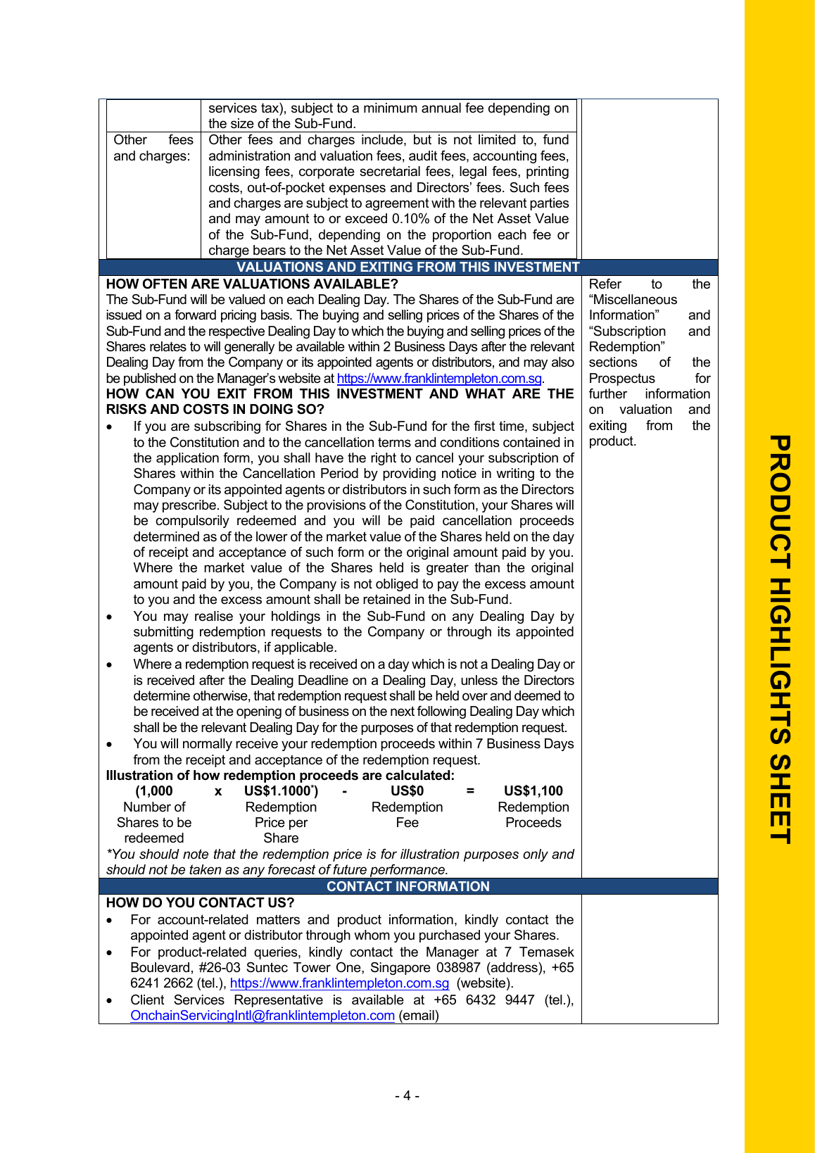 Tokenized fund Product Highlights Sheet, page 4 in full, including fees, redemption request acceptance and the normal seven-Business-Day payment window.