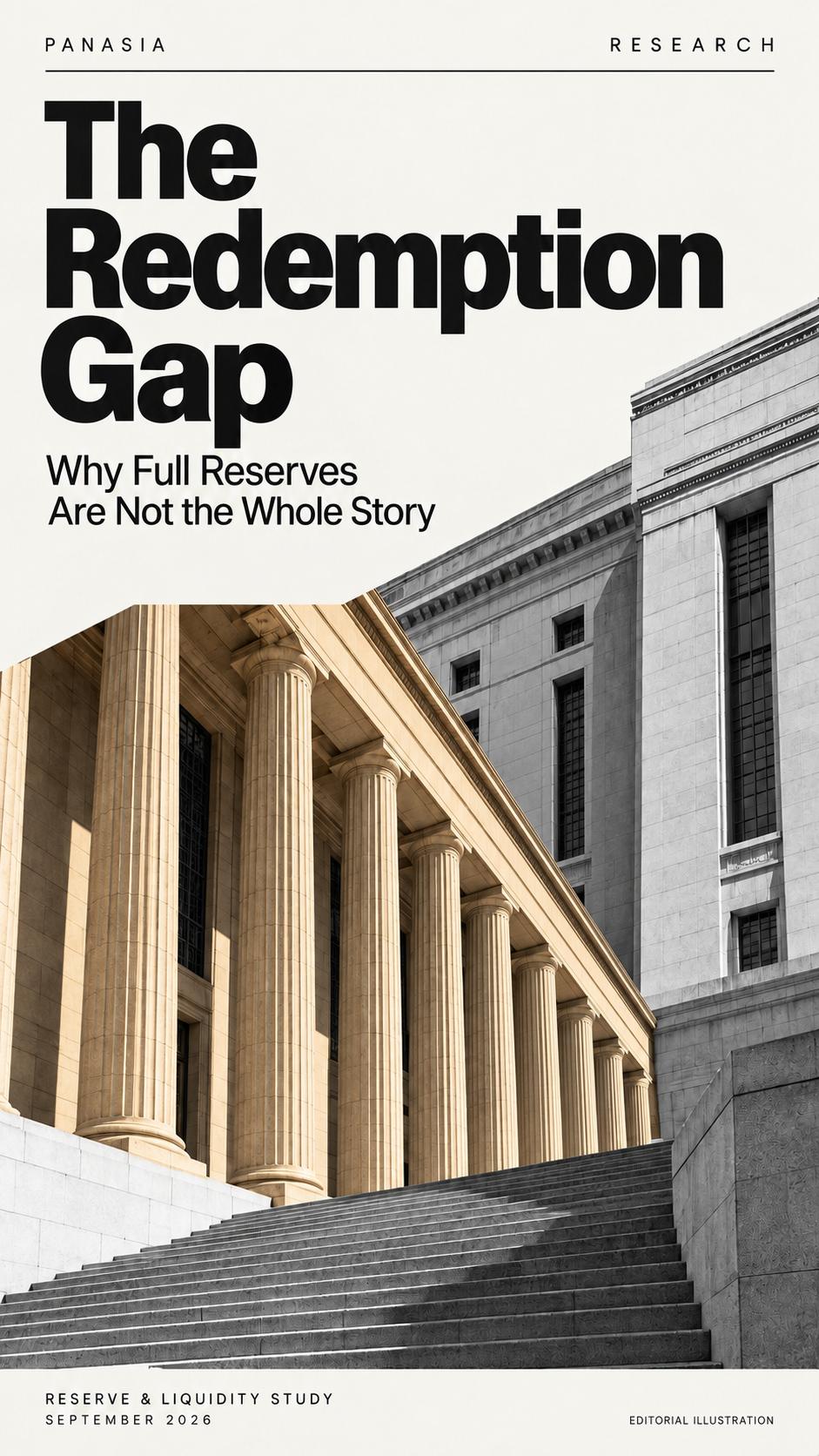 The Redemption Gap: warm sandstone portico against grayscale architecture.